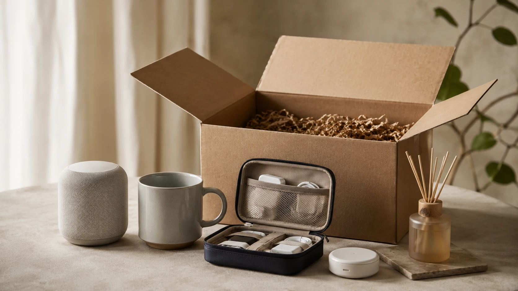 Caja abierta con productos de hogar, tecnología y lifestyle